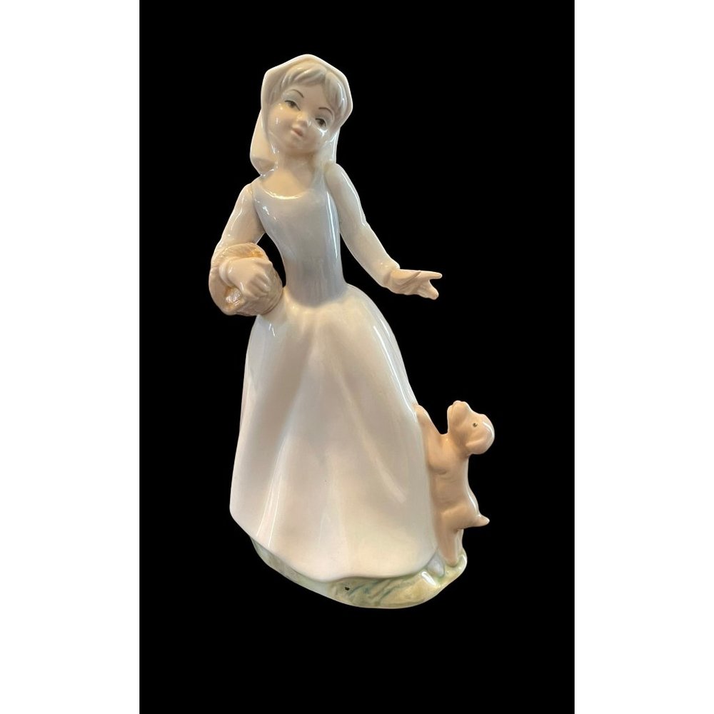8" Tengra Porcelain Figurine Girl With Flower Basket & Cute Puppy Dog Spain 21cm